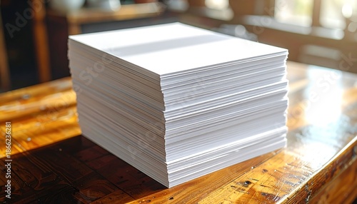 Stack of White Paper on a Wooden Table.