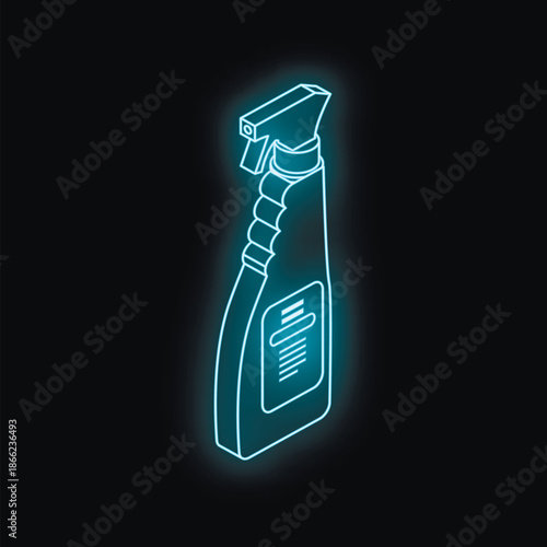Neon blue isometric drawing of a plastic spray bottle with a trigger, isolated on a black background