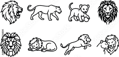 Lion animal icons set with different poses and expressions