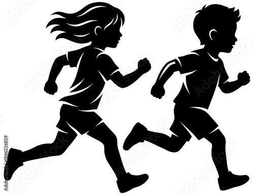 Two children running side by side, showing a girl and a boy moving forward together during active play.