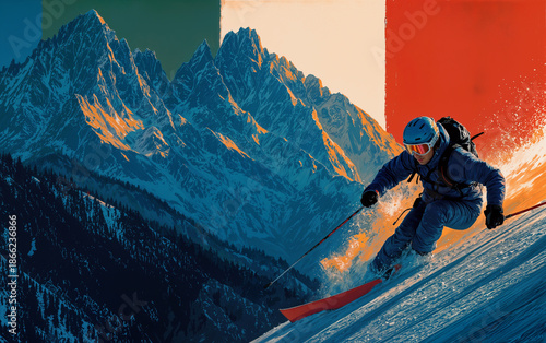 Skier skiing fast downhill on snowy mountain with Italian flag colors background and dramatic sky in digital illustration style