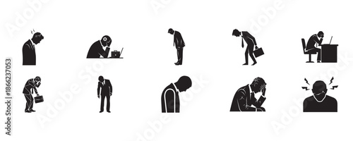 Depressed and Exhausted Businessman Silhouette Icon Set – Burnout, Failure, Mental Stress, Workplace Fatigue Concepts