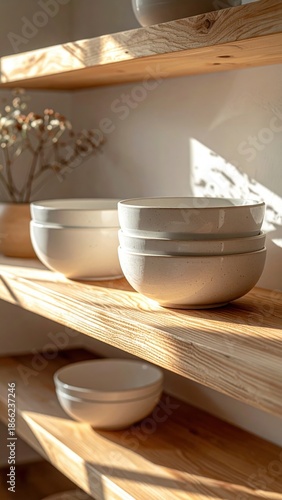 Warm Sunlight Illuminates Stacked Ceramic Bowls on Rustic Wooden Shelves with Dried Flowers Accentuating Cozy Kitchen Decor