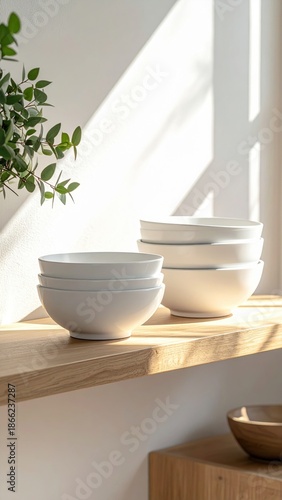 Stack Of White Ceramic Bowls With Natural Sunlight And Shadow Play On Wooden Shelf And Green Plant Leaves
