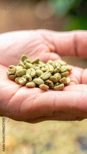 Close Up Of A Human Hand Holding Raw Green Coffee Beans With Natural Outdoor Lighting And Blurred Greenery Background