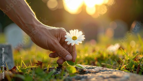 A Hand Gently Places a White Daisy on a Grave in a Sunlit Cemetery at Dusk Symbolizing Remembrance and Peace