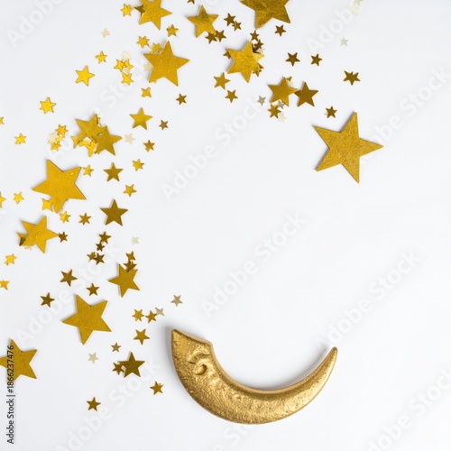 Scattered Golden Star Confetti And Crescent Moon Decoration On A White Background With Soft Lighting Creating A Festive Atmosphere