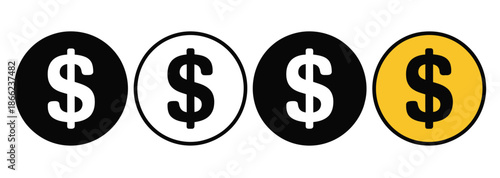 Dollar coin vector icons set featuring us dollar coin symbols, currency graphics, financial elements, and money illustration icons suitable for business, fintech, accounting, 