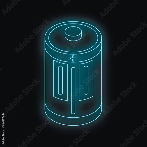 Neon battery icon glowing on dark background, symbolizing energy, power, and electrical charge