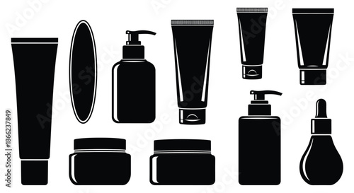 Cosmetic containers and bottles for beauty and skincare products displayed together