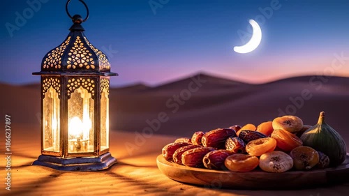 Lantern and Fresh Fruit Display in Desert Landscape at Dusk with a Crescent Moon Above
