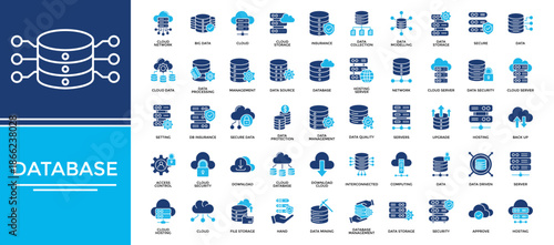 Database icon set collection. Containing database, server, computing, performance, contract, insurance, management .Solid vector icons collection