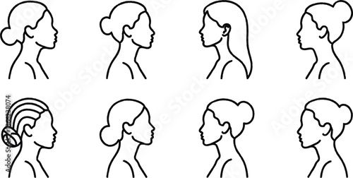 set of minimalist line art female profiles in various hairstyles
