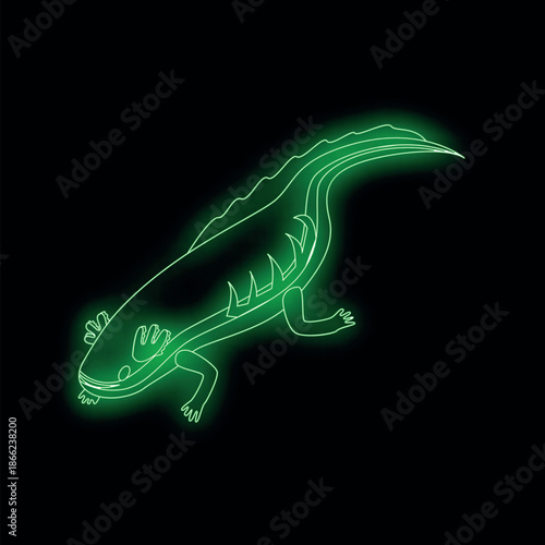Glowing neon axolotl walking with spikes on its back in green neon light