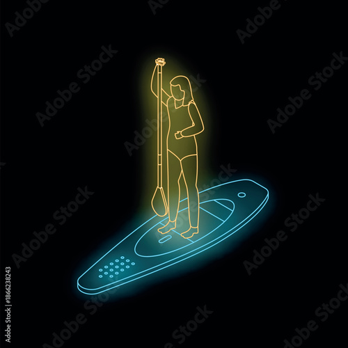 Neon isometric illustration of a woman standing on a paddle board, holding a paddle