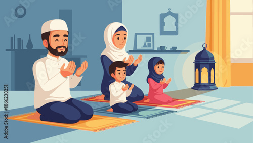Muslim family praying together in a cozy home interior