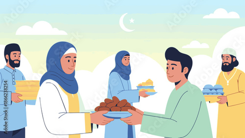 Diverse people sharing traditional Middle Eastern food together outdoors