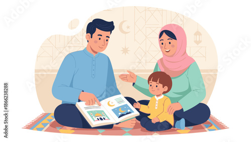 Muslim family reading together on colorful rug at home