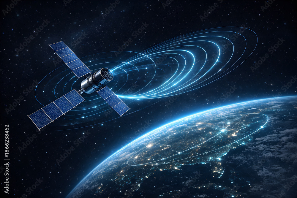 Obraz premium Satellite Signal Network Over Earth for Futuristic Global Communication and Cybersecurity