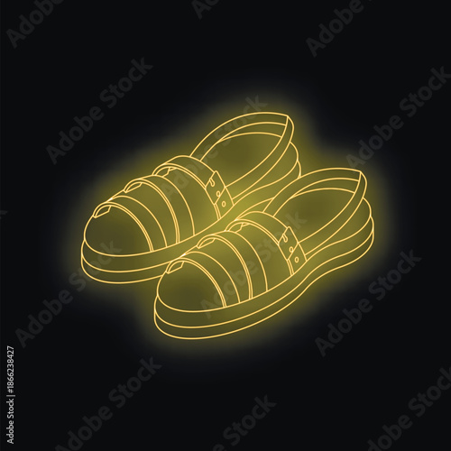 Pair of yellow neon sandals shining brightly against a dark backdrop, creating a vibrant and stylish footwear illustration