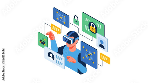 Man Using Virtual Reality Headset Interacting.