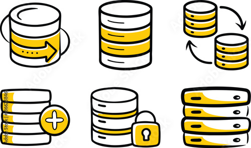  Cute Hand-Drawn Yellow Database Management Icon Set: Analytics Dashboard, Networked Databases, Cloud Storage Sync, Data Backup, Secure Database, Big Data Processing Doodle Illustrations PNG Transpare