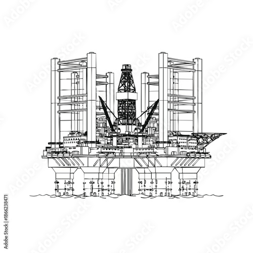 A detailed technical blueprint illustration of a massive offshore oil drilling rig, showcasing complex engineering for hydrocarbon exploration and energy production.