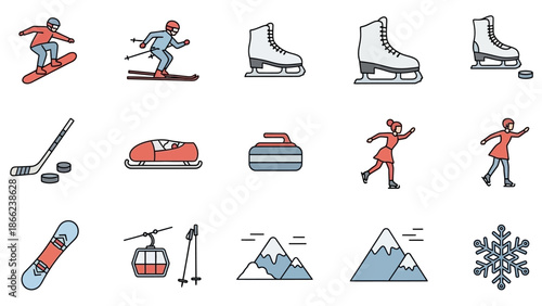 Winter Sports Equipment and Activities Icons Set.