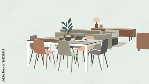 Modern Dining Table and Chairs Illustration.