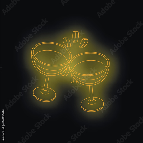 Golden neon celebration with two champagne flutes toasting on a black background