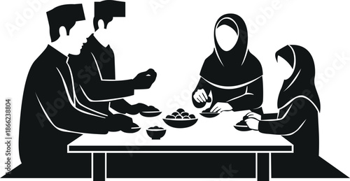 Family gathering enjoying a meal together in silhouette. Ramadan Iftar time