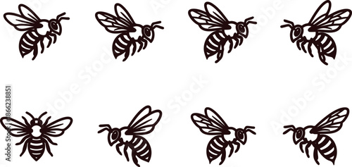 Seven brown and white illustrations of flying bees in different positions on white background