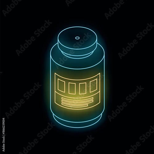 Neon medicine bottle glowing on a black background, representing healthcare, pharmaceuticals, and wellness