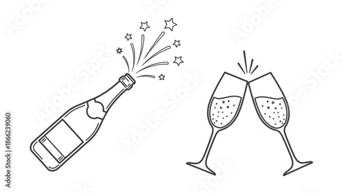 Outline of champagne bottle and two glasses, minimalist celebration doodle in isolated white background.