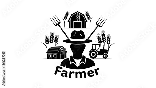 Farmer man with agricultural tools and farm elements, representing rural life and harvest in isolated white background.
