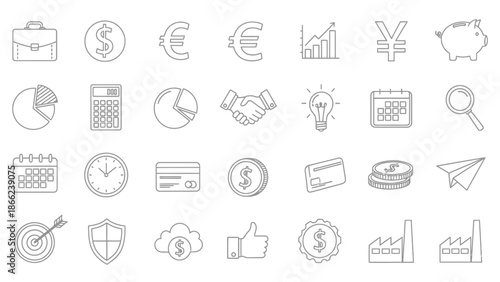Comprehensive Collection of Business and Finance Outline Icons on an Isolated White Background.