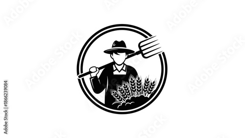 Traditional Farmer Holding Pitchfork and Wheat Harvest in a Circular Farm Logo Design, isolated white background.