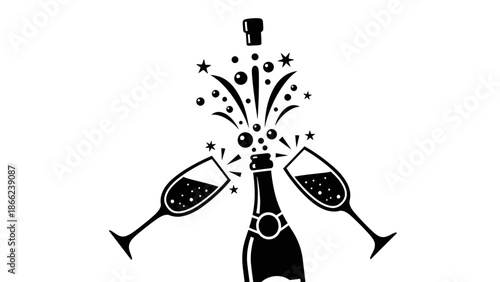 Festive Champagne Bottle Popping with Sparkling Bubbles and Two Cheers Glasses, isolated white background.