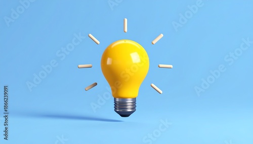 Bright Yellow Light Bulb Idea Symbol on Blue Background.