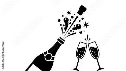 Champagne Bottle Popping with Sparkling Bubbles and Two Toasting Glasses, isolated white background.