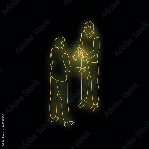 Neon glowing line art depicting two businessmen exchanging digital tablet on black background, representing technological transfer