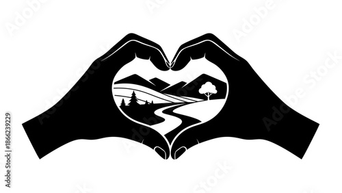 Human Hands Forming Heart Shape Enclosing a Natural Landscape, Isolated White Background.
