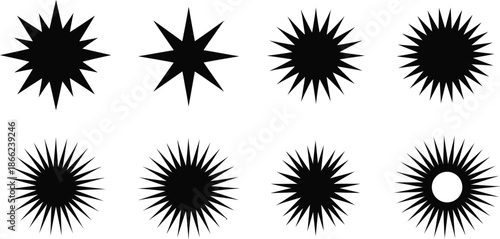 Abstract black starburst and sunburst shapes collection, graphic design elements isolated on white background, perfect for various creative projects and visual enhancements.