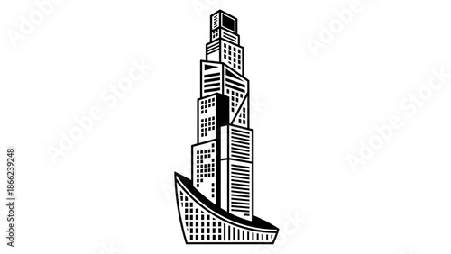 Modern Stylized Skyscraper City Building Icon, Isolated White Background.