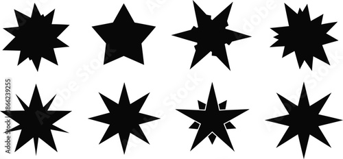 Collection of diverse black star shapes and burst elements on a clean white background, ideal for graphic design projects.