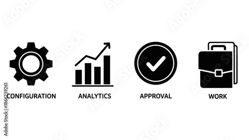 Business Workflow Process Icons Configuration Analytics Approval Work Isolated White Background