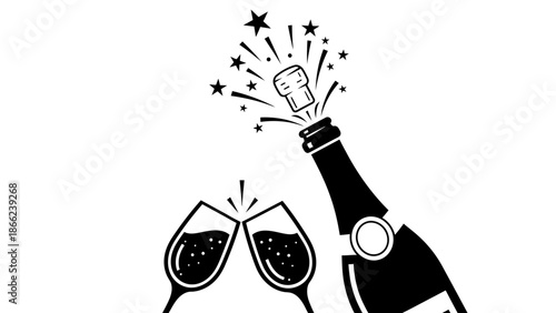 Champagne Bottle Popping and Two Glasses Toasting Celebration Isolated White Background