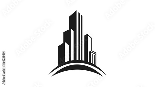 Tall Modern City Buildings Silhouette on a Curved Horizon, Isolated White Background