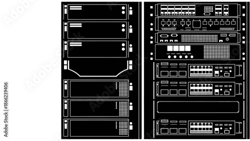 Detailed Data Center Server Rack and Network Equipment Configuration, Isolated White Background