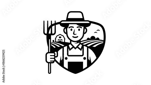 Happy Farmer Holding Pitchfork in Agricultural Field Heart Emblem, Isolated White Background